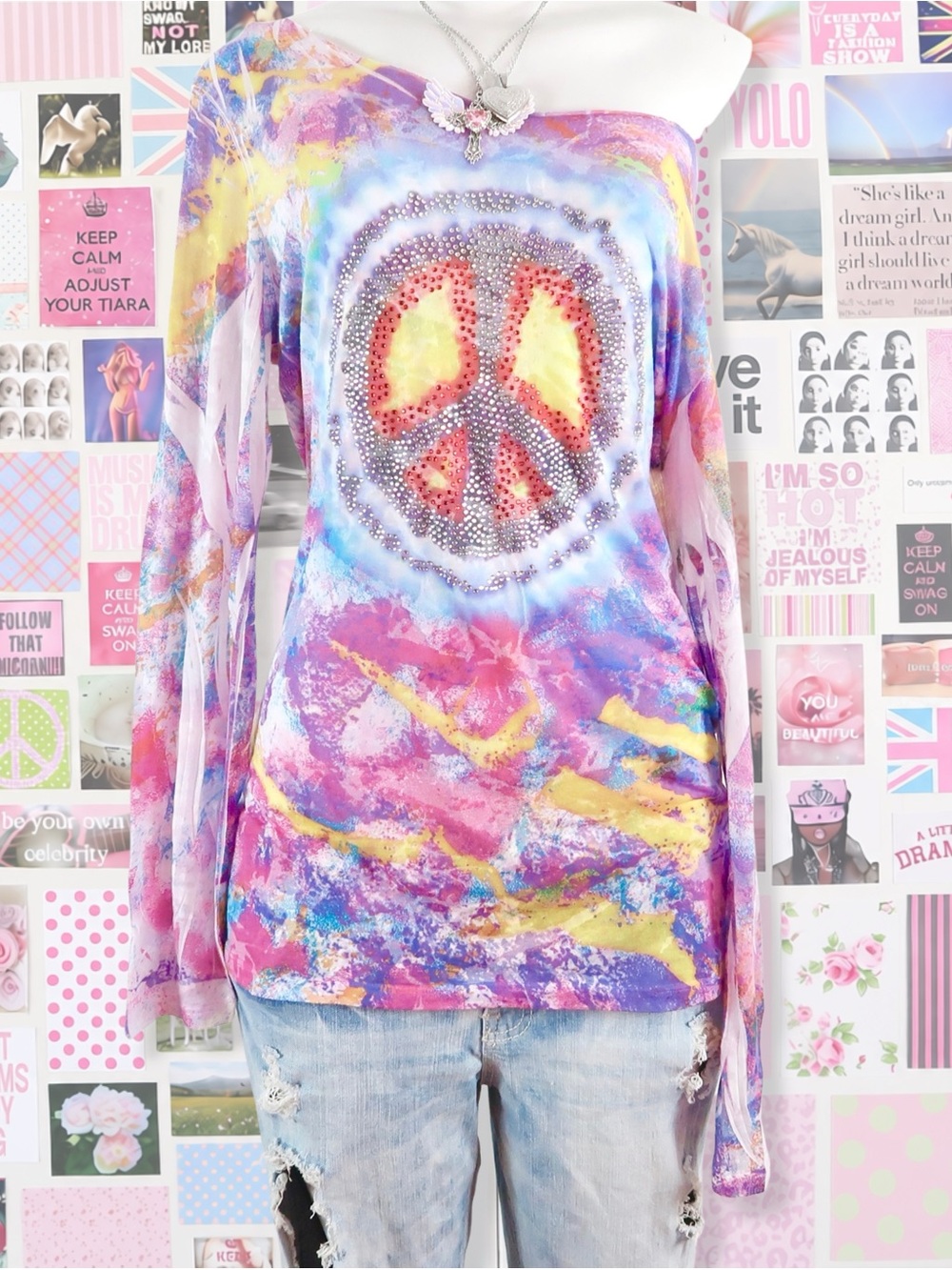 y2k off the shoulder long sleeve peace sign rhinestone top